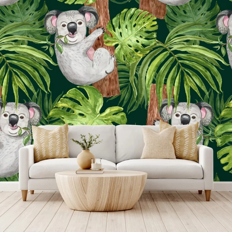 Fototapeta uroczy wzór z koalami i tropikalnymi liśćmi w akwareli – Wallissimo®