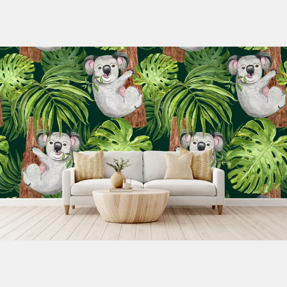Fototapeta uroczy wzór z koalami i tropikalnymi liśćmi w akwareli – Wallissimo®