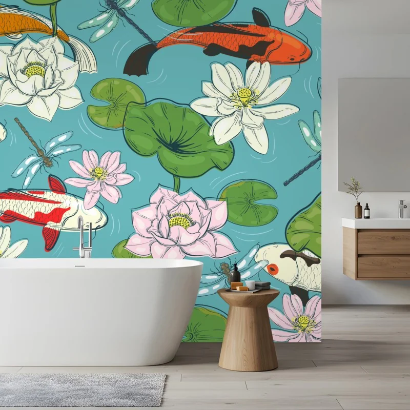 Fototapeta koi, lilie wodne i ważki na błękitnym stawie – Wallissimo® Fototapeta koi, lilie wodne i ważki na błękitnym stawie – Wallissimo®