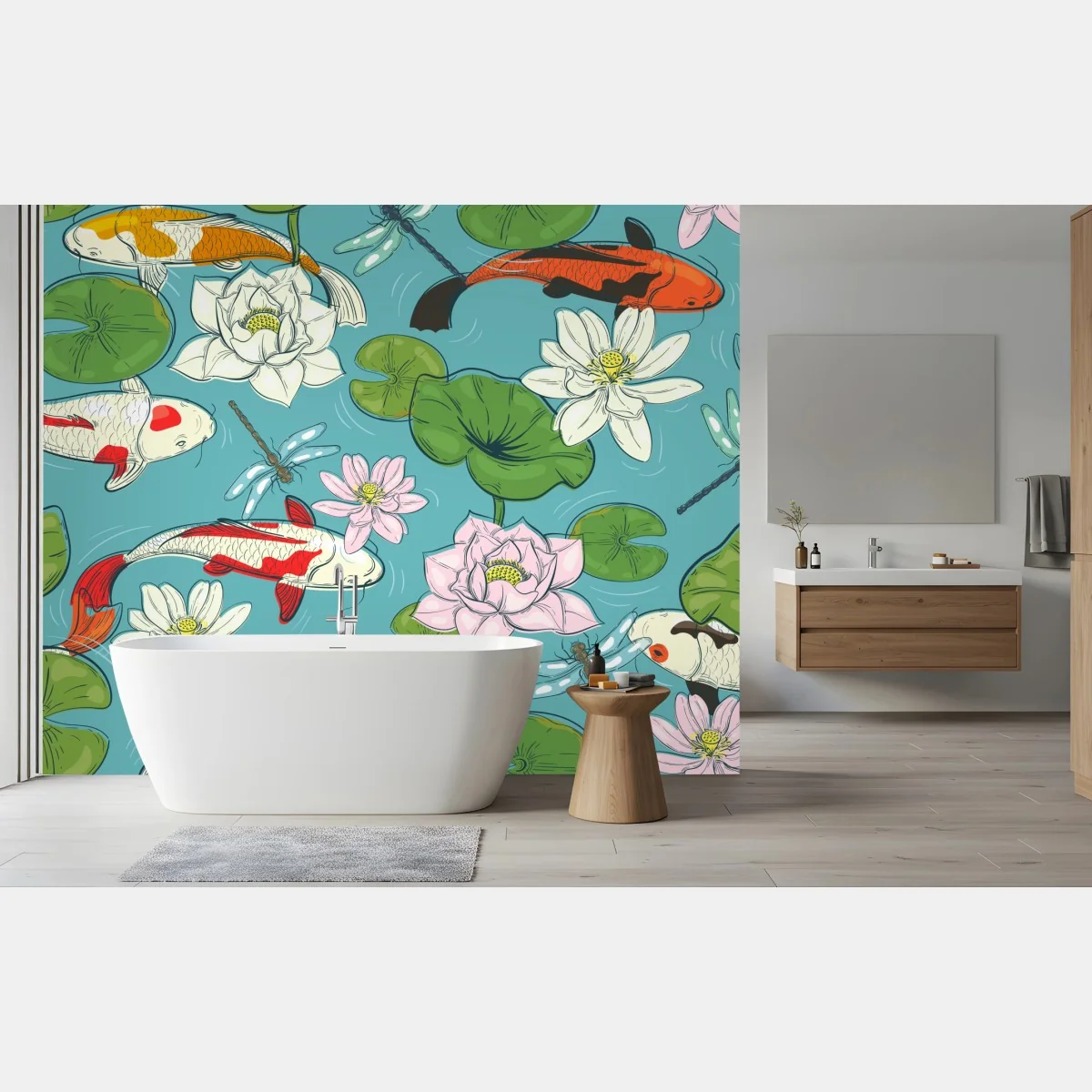 Fototapeta koi, lilie wodne i ważki na błękitnym stawie – Wallissimo® Fototapeta koi, lilie wodne i ważki na błękitnym stawie – Wallissimo®