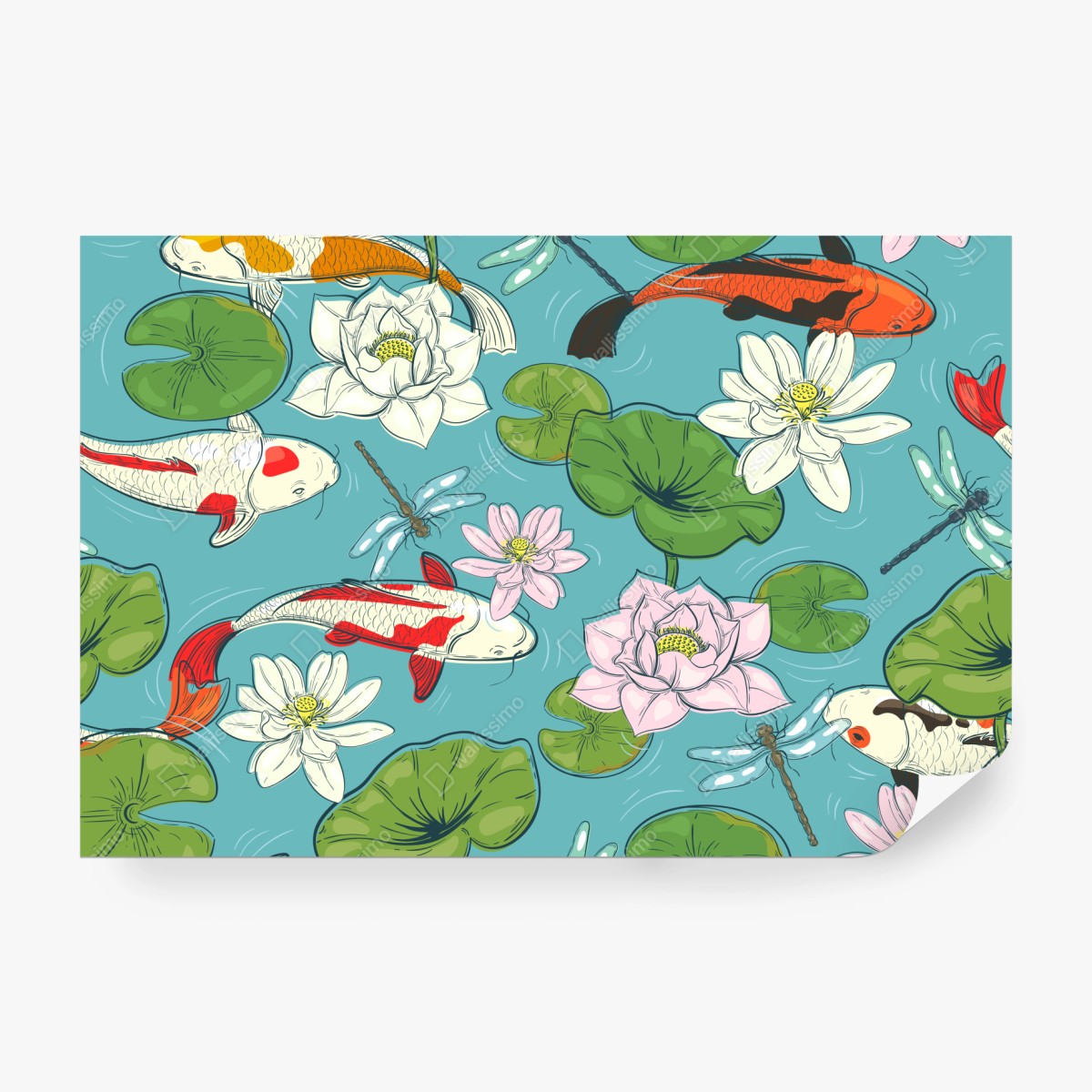 Fototapeta koi, lilie wodne i ważki na błękitnym stawie – Wallissimo® Fototapeta koi, lilie wodne i ważki na błękitnym stawie – Wallissimo®