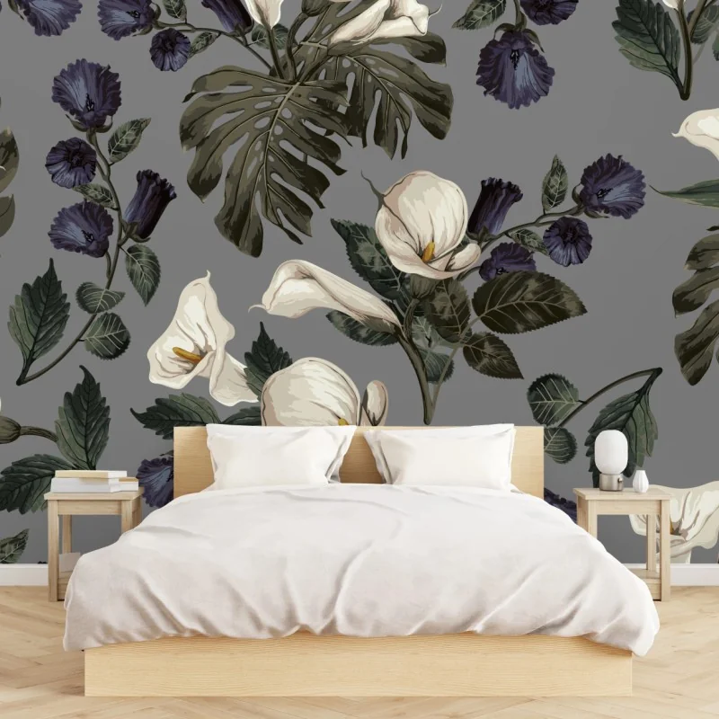 Fototapeta botaniczny wzór: delikatne kalie i liście monstery na szarym tle – Wallissimo® Fototapeta botaniczny wzór: delikatne kalie i liście monstery na szarym tle – Wallissimo®