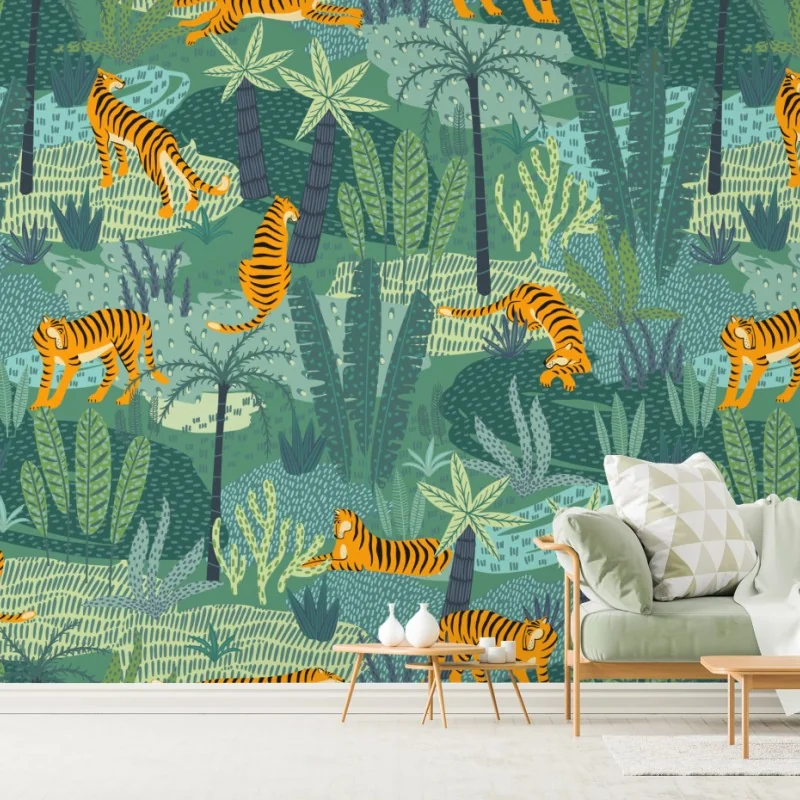 Fototapeta tygrysy w tropikalnej dżungli – Wallissimo® Fototapeta tygrysy w tropikalnej dżungli – Wallissimo®
