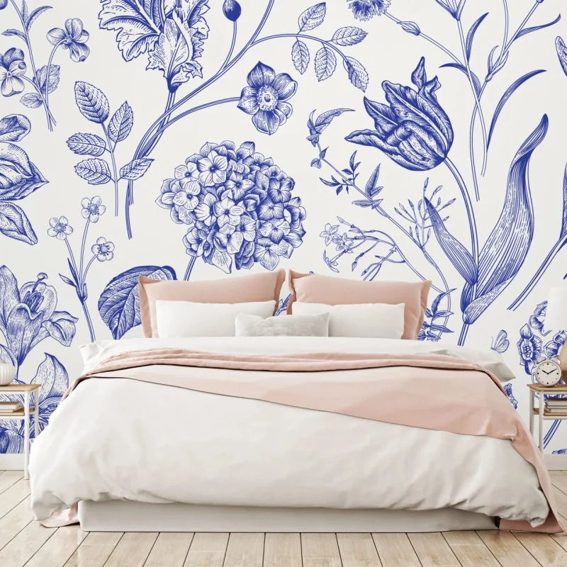 Fototapeta klasyczny niebieski wzór toile z motywem kwiatowym – Wallissimo® Fototapeta klasyczny niebieski wzór toile z motywem kwiatowym – Wallissimo®