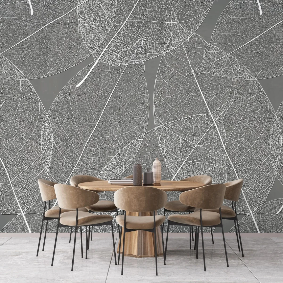 Fototapeta delikatny wzór liści w odcieniach szarości – Wallissimo® Fototapeta delikatny wzór liści w odcieniach szarości – Wallissimo®