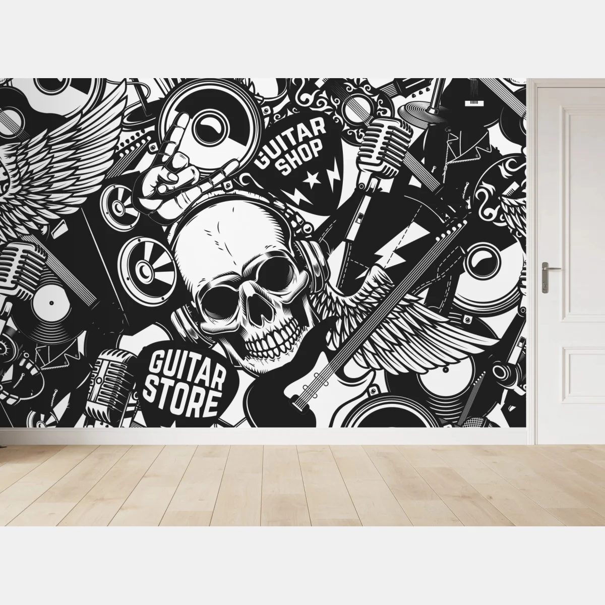 Fototapeta rockowy kolaż z czaszką i gitarami – Wallissimo® Fototapeta rockowy kolaż z czaszką i gitarami – Wallissimo®