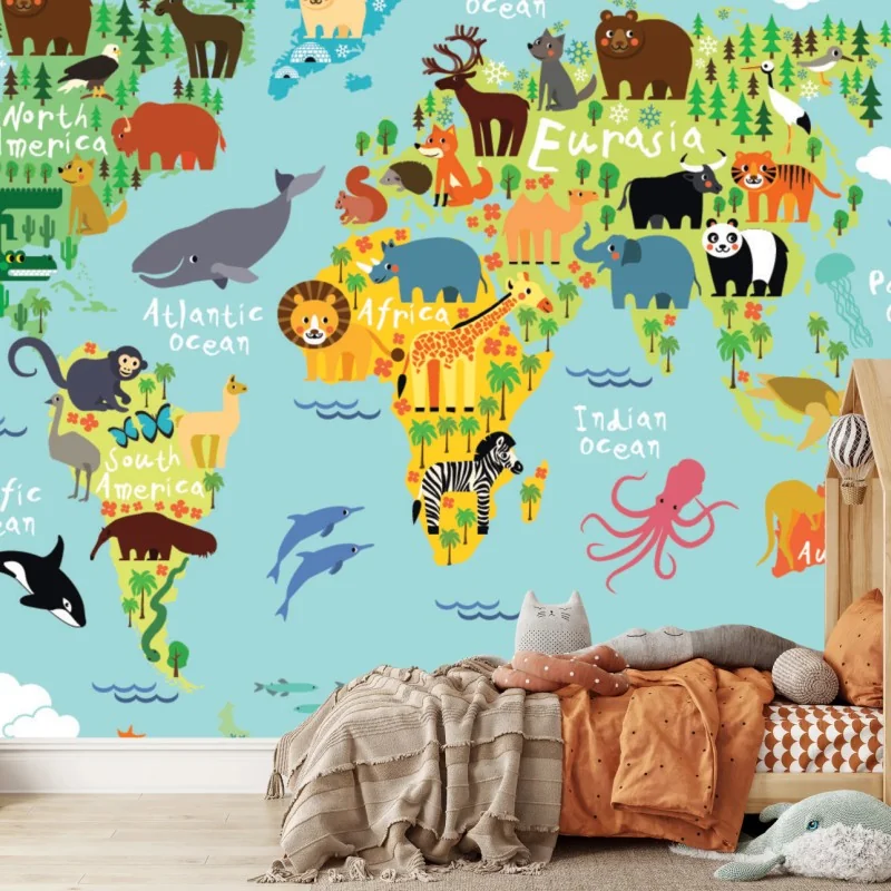 Fototapeta urocza mapa świata ze zwierzętami – Wallissimo® Fototapeta urocza mapa świata ze zwierzętami – Wallissimo®