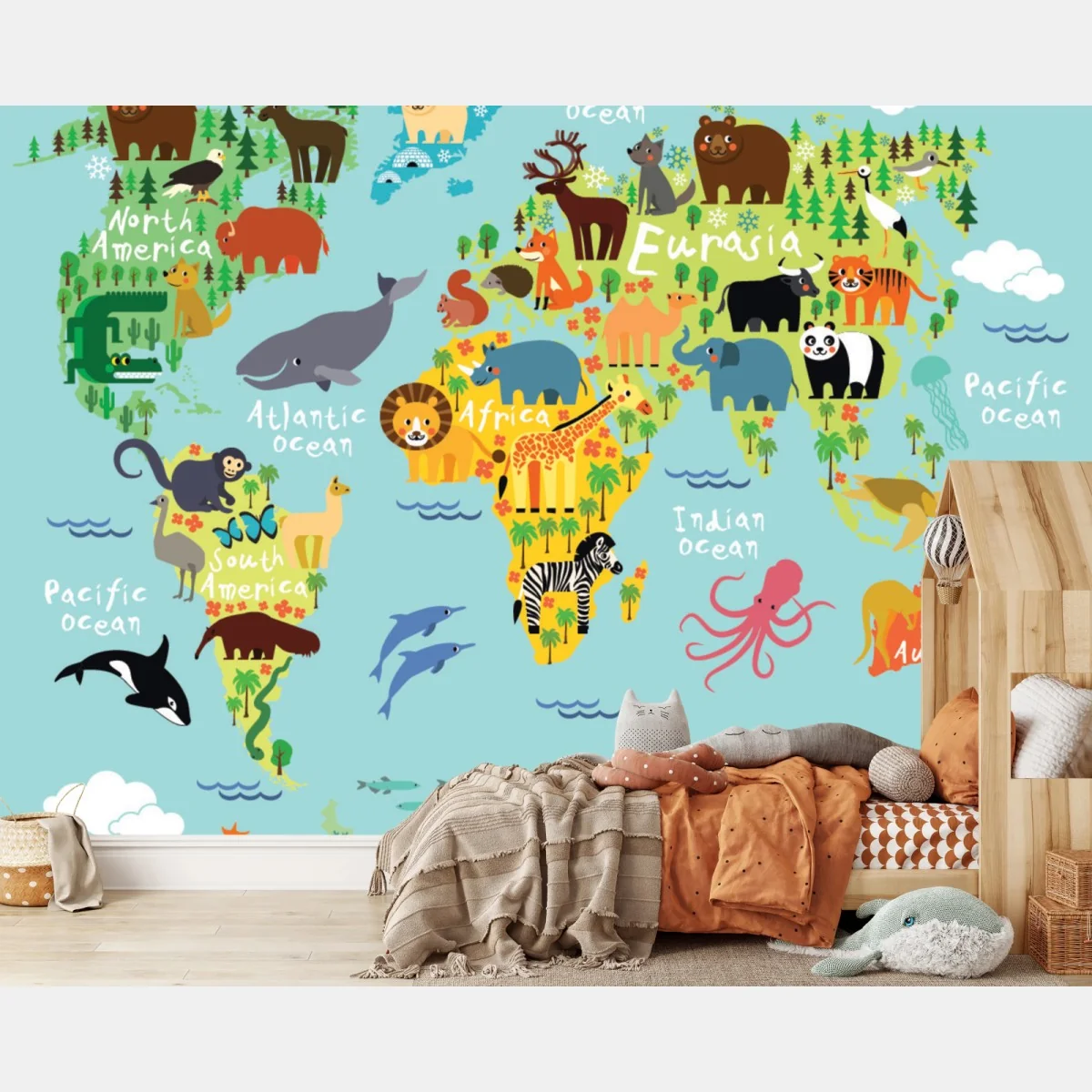 Fototapeta urocza mapa świata ze zwierzętami – Wallissimo® Fototapeta urocza mapa świata ze zwierzętami – Wallissimo®