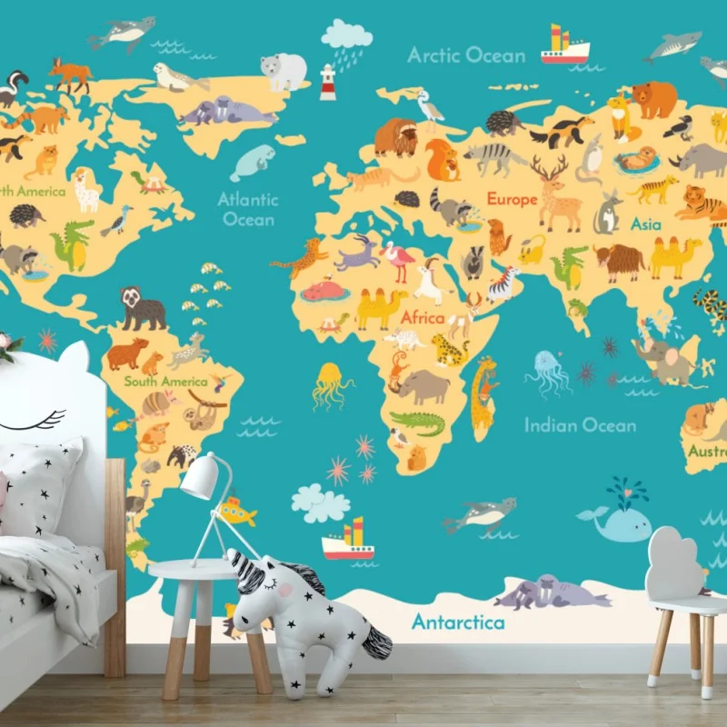 Fototapeta kolorowa mapa świata ze zwierzętami – Wallissimo® Fototapeta kolorowa mapa świata ze zwierzętami – Wallissimo®