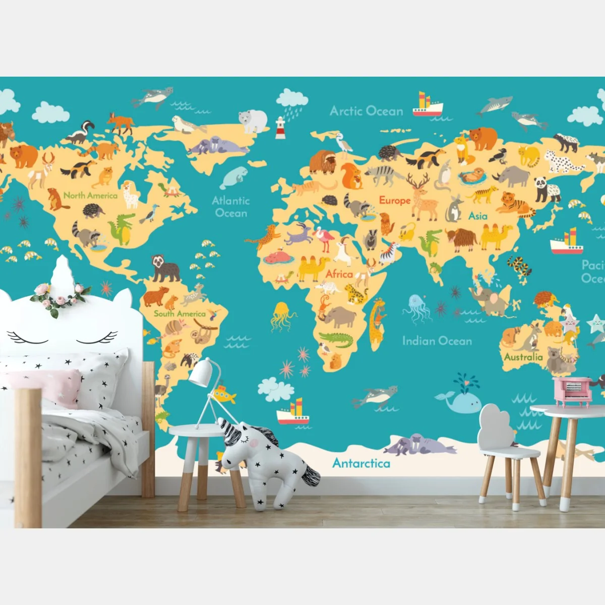 Fototapeta kolorowa mapa świata ze zwierzętami – Wallissimo® Fototapeta kolorowa mapa świata ze zwierzętami – Wallissimo®