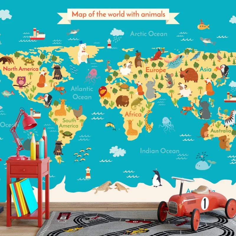 Fototapeta zabawna mapa świata ze zwierzętami