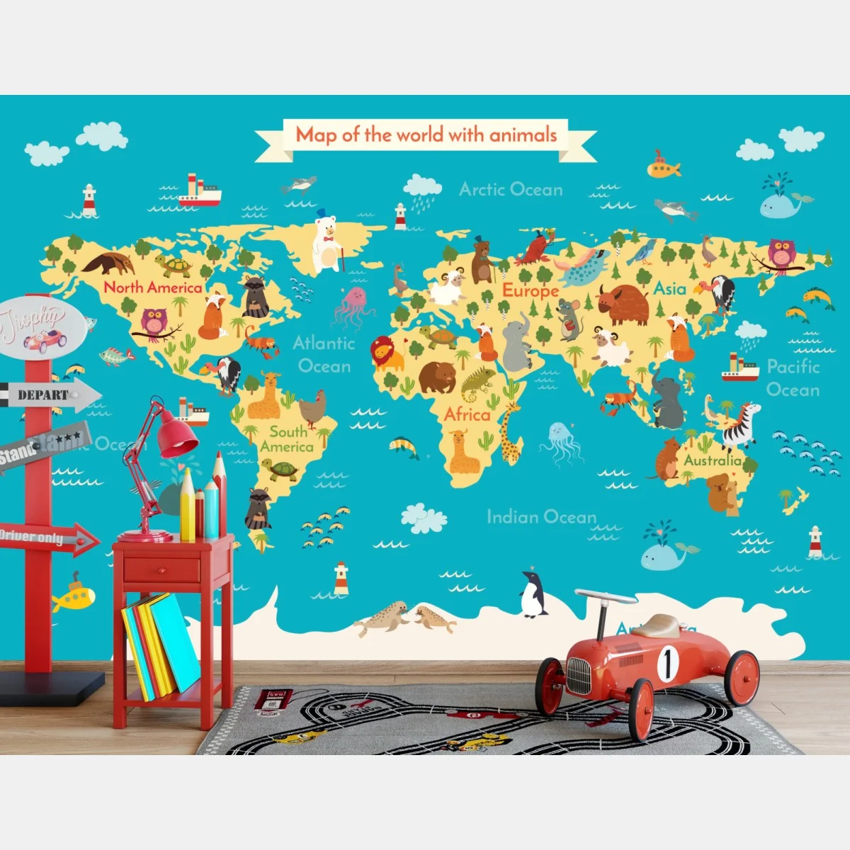 Fototapeta zabawna mapa świata ze zwierzętami – Wallissimo® Fototapeta zabawna mapa świata ze zwierzętami – Wallissimo®