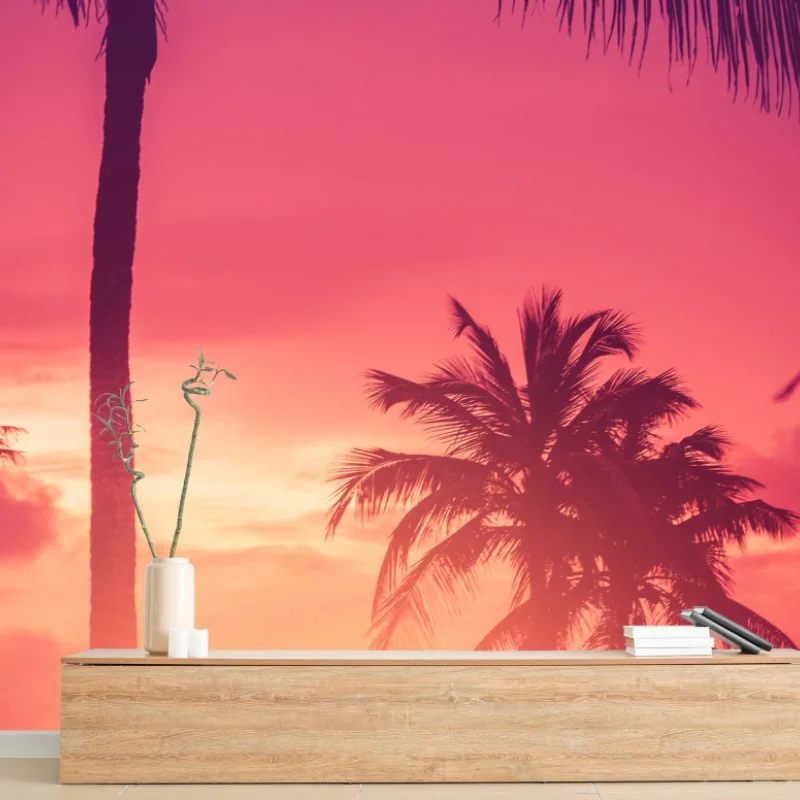 Fototapeta tropikalny zachód słońca z palmami – Wallissimo® Fototapeta tropikalny zachód słońca z palmami – Wallissimo®