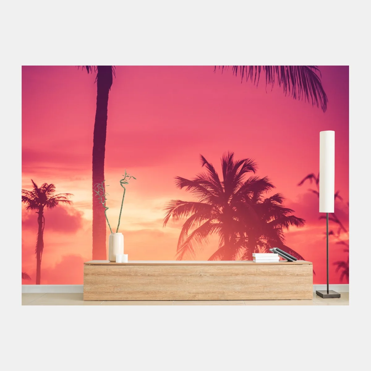 Fototapeta tropikalny zachód słońca z palmami – Wallissimo® Fototapeta tropikalny zachód słońca z palmami – Wallissimo®