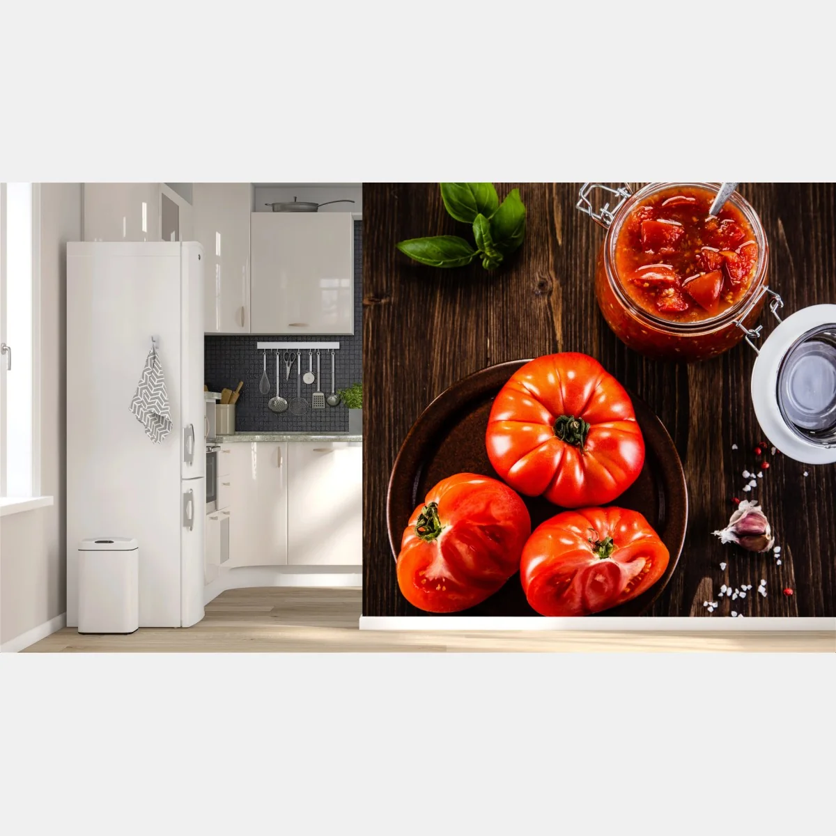 Fototapeta świeże pomidory i domowy sos – Wallissimo® Fototapeta świeże pomidory i domowy sos – Wallissimo®