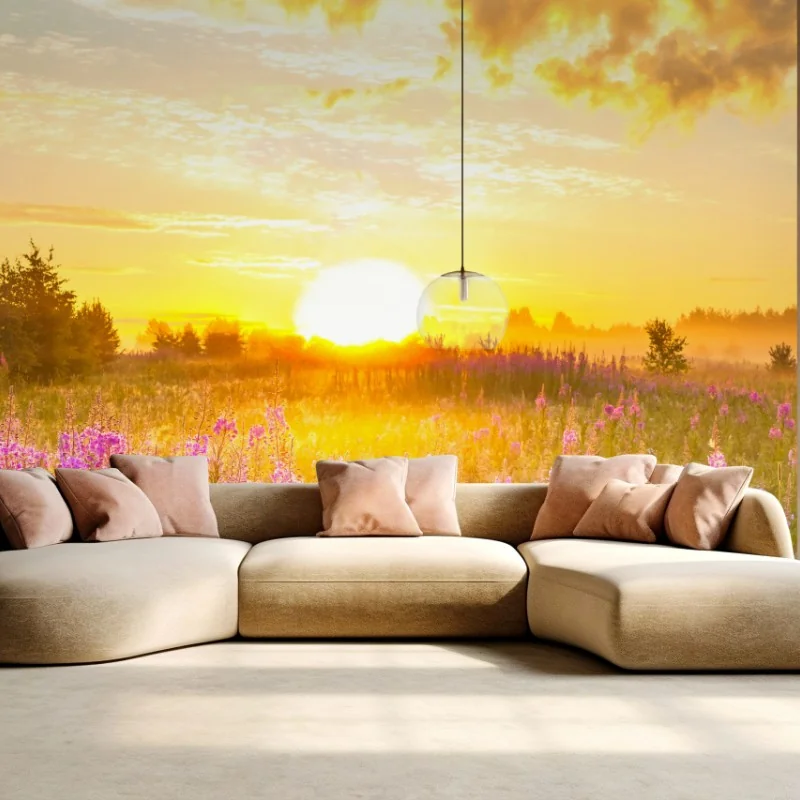 Fototapeta wschód słońca nad łąką pełną fioletowych kwiatów – Wallissimo® Fototapeta wschód słońca nad łąką pełną fioletowych kwiatów – Wallissimo®