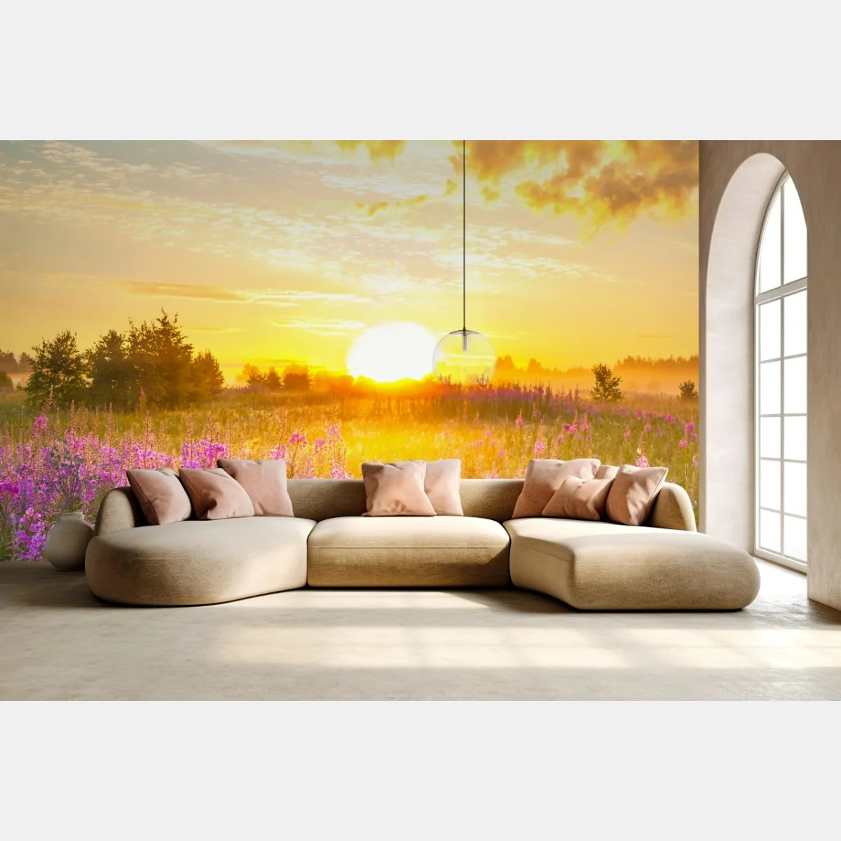 Fototapeta wschód słońca nad łąką pełną fioletowych kwiatów – Wallissimo® Fototapeta wschód słońca nad łąką pełną fioletowych kwiatów – Wallissimo®