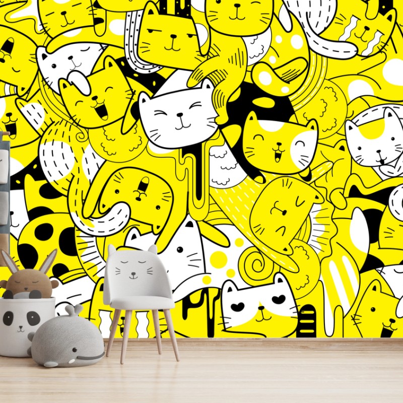 Fototapeta zabawna żółta mozaika kotów – Wallissimo® Fototapeta zabawna żółta mozaika kotów – Wallissimo®