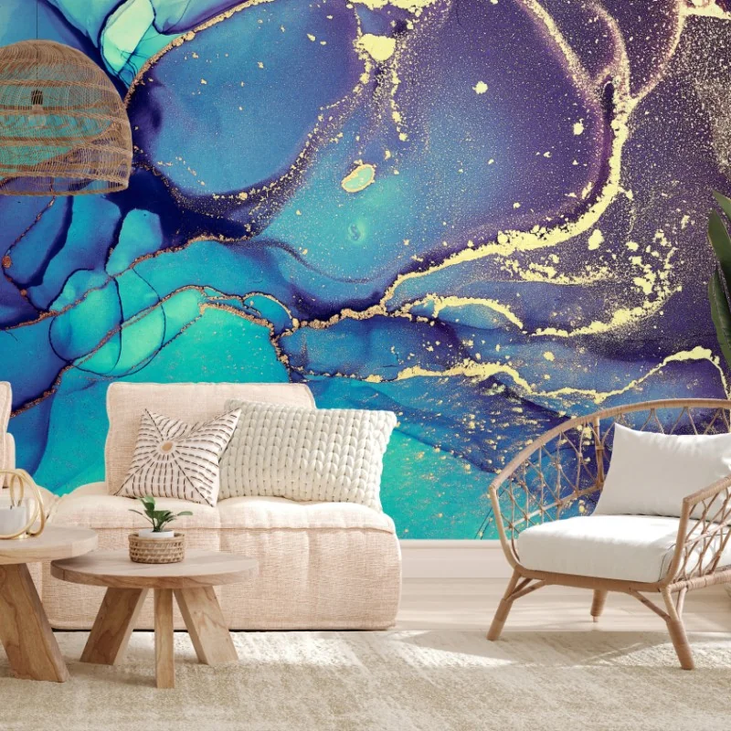 Fototapeta turkusowo-złota płynna marmurkowa abstrakcja – Wallissimo® Fototapeta turkusowo-złota płynna marmurkowa abstrakcja – Wallissimo®