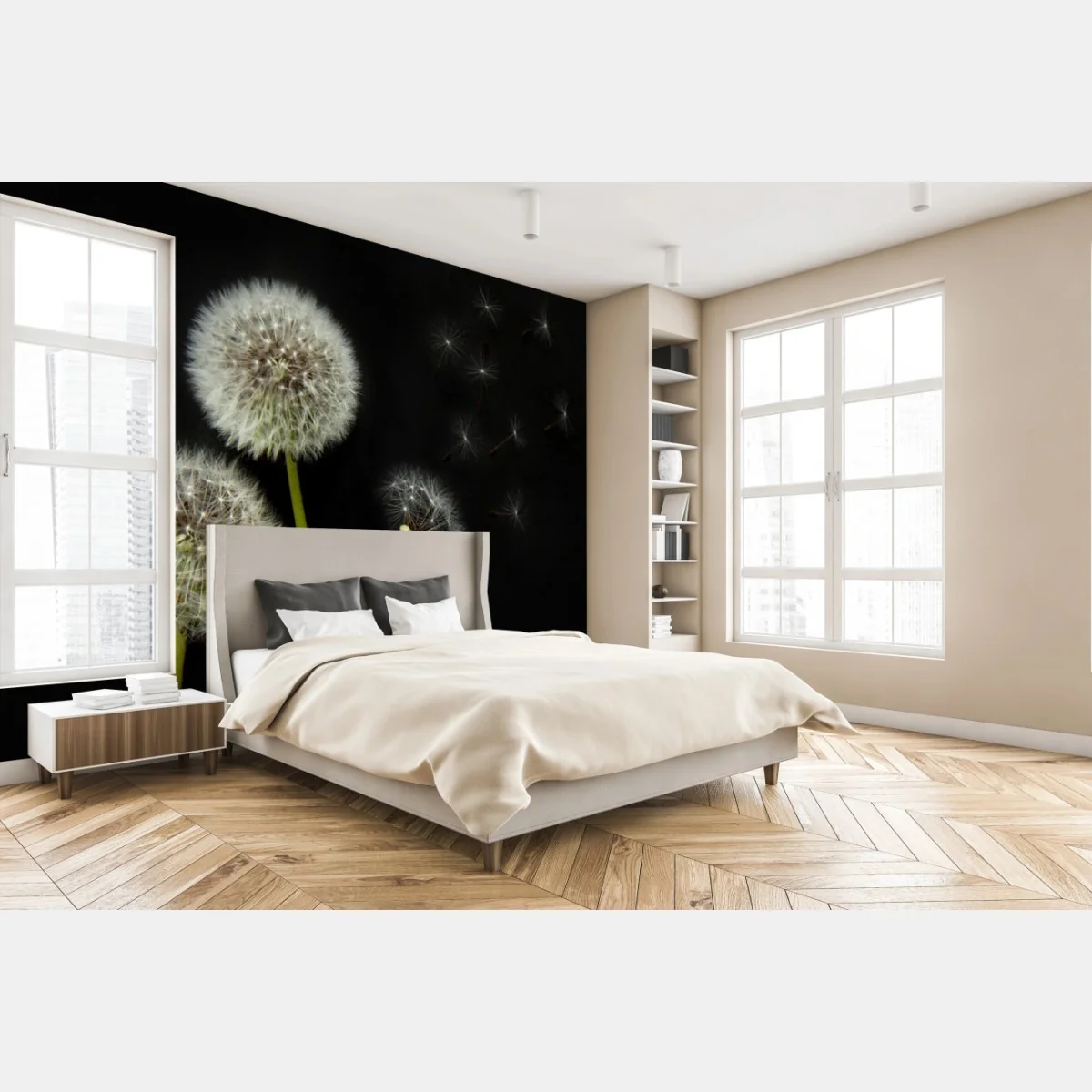 Fototapeta delikatne główki mniszka na czarnym tle – Wallissimo® Fototapeta delikatne główki mniszka na czarnym tle – Wallissimo®