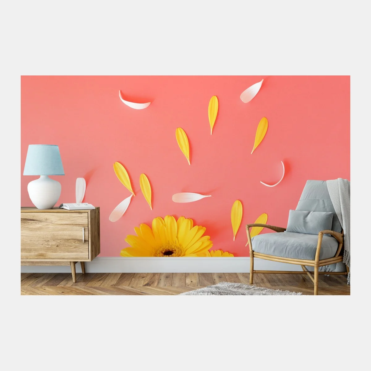 Fototapeta słoneczne żółte gerbery na koralowym tle – Wallissimo® Fototapeta słoneczne żółte gerbery na koralowym tle – Wallissimo®