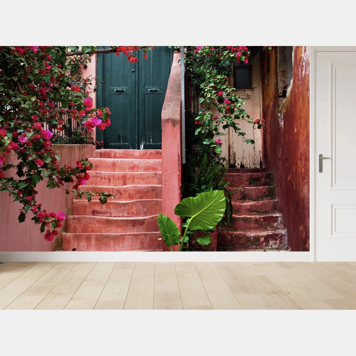 Fototapeta schody z bugenwillą i zielenią – Wallissimo® Fototapeta schody z bugenwillą i zielenią – Wallissimo®