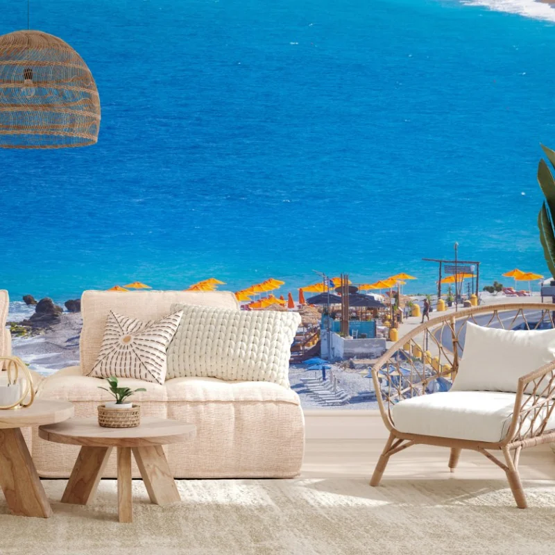 Fototapeta Rodos plaża z kolorowymi parasolami – Wallissimo® Fototapeta Rodos plaża z kolorowymi parasolami – Wallissimo®