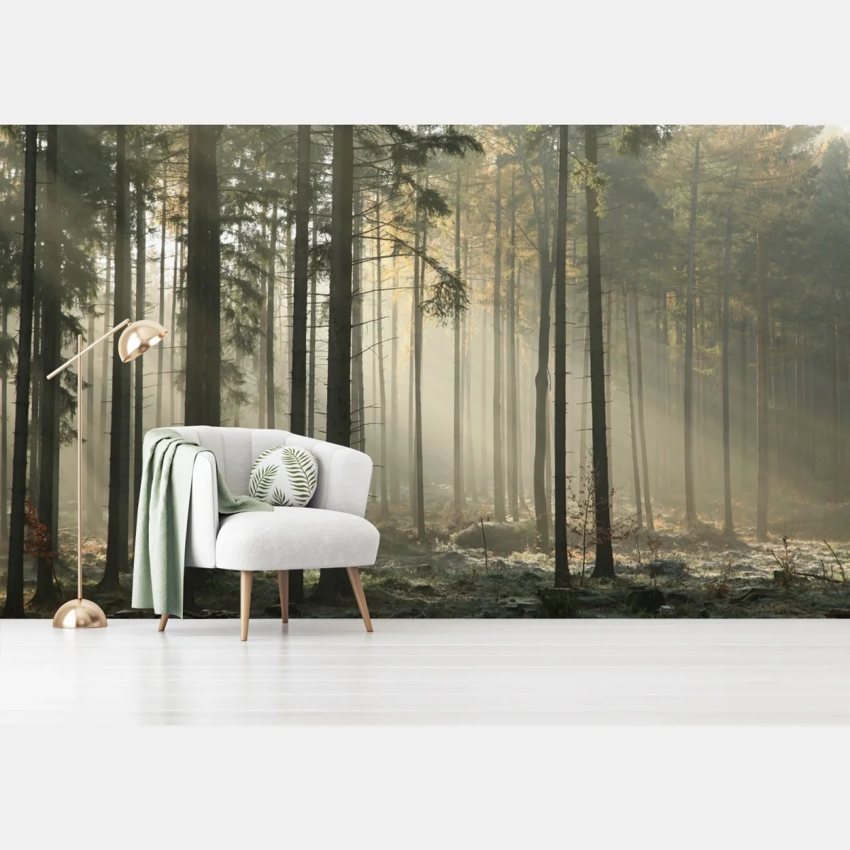 Fototapeta mglisty poranek w lesie z promieniami słońca – Wallissimo® Fototapeta mglisty poranek w lesie z promieniami słońca – Wallissimo®