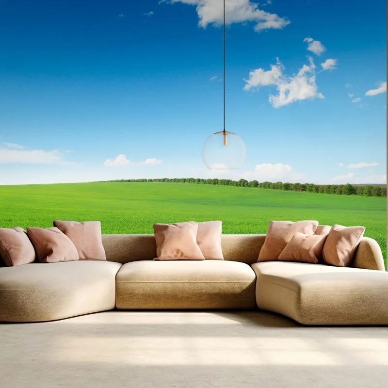 Fototapeta spokojna zielona łąka pod niebieskim niebem – Wallissimo® Fototapeta spokojna zielona łąka pod niebieskim niebem – Wallissimo®