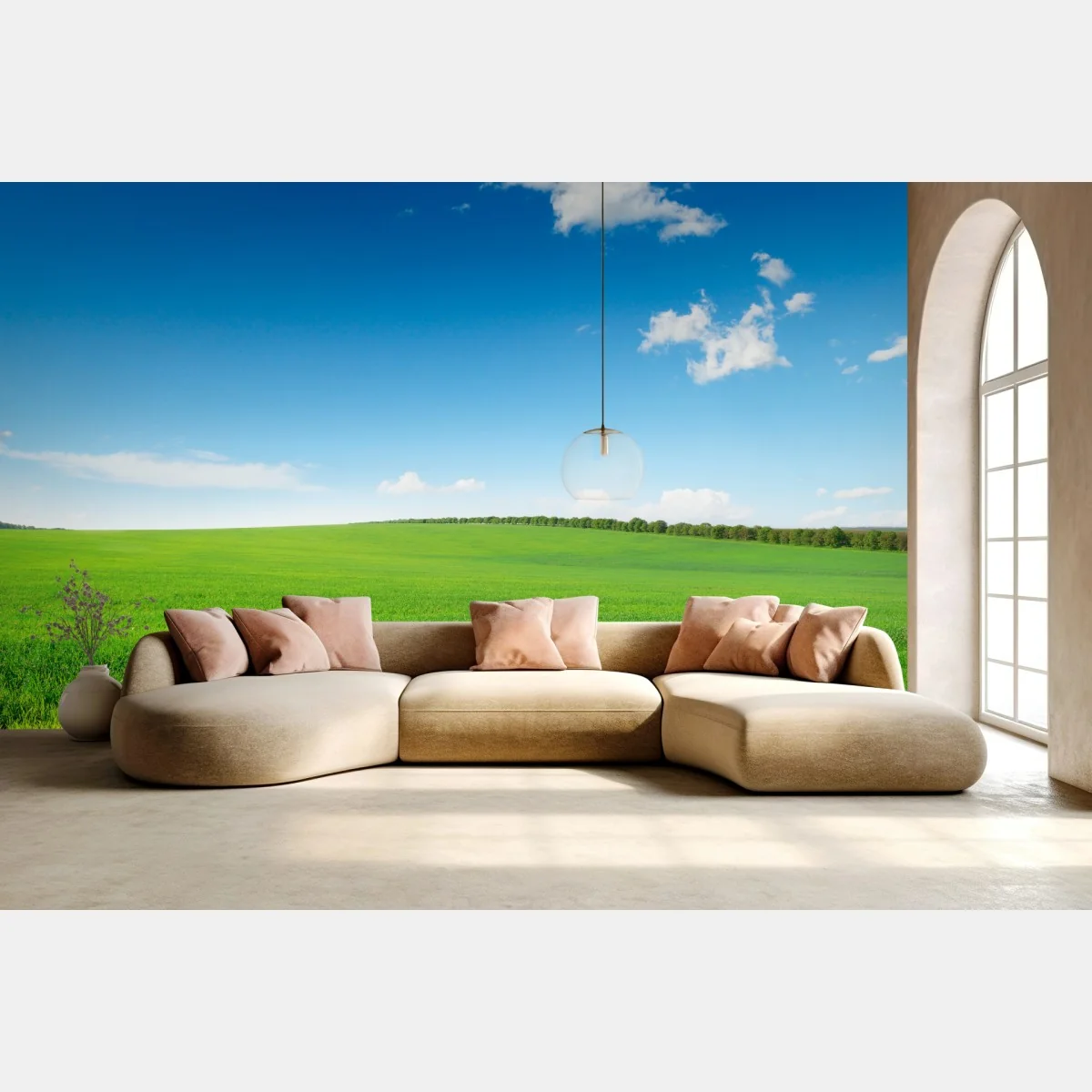 Fototapeta spokojna zielona łąka pod niebieskim niebem – Wallissimo® Fototapeta spokojna zielona łąka pod niebieskim niebem – Wallissimo®