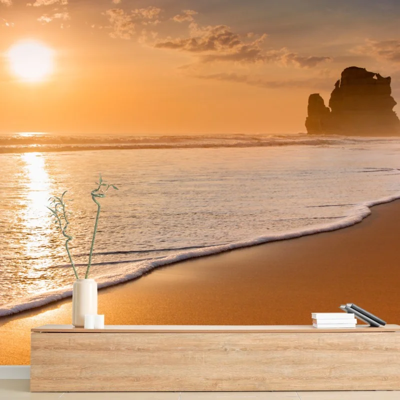 Fototapeta złocisty zachód słońca nad plażą – Wallissimo® Fototapeta złocisty zachód słońca nad plażą – Wallissimo®