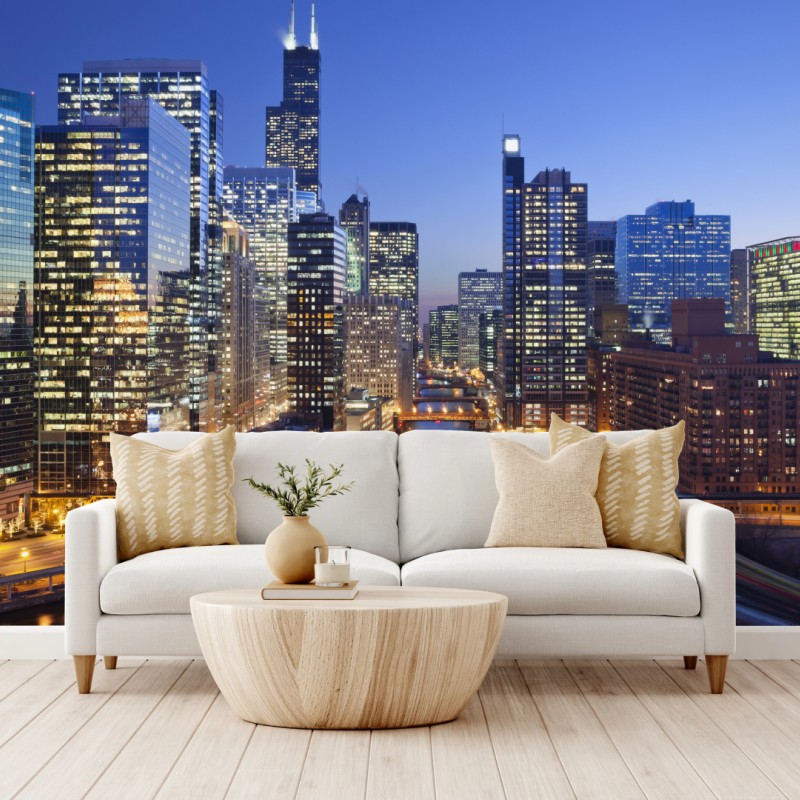 Fototapeta widok na panoramę Chicago o zmierzchu – Wallissimo® Fototapeta widok na panoramę Chicago o zmierzchu – Wallissimo®