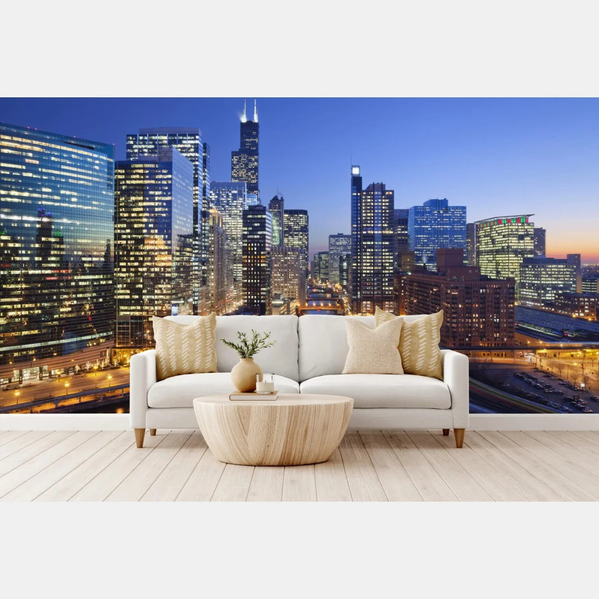 Fototapeta widok na panoramę Chicago o zmierzchu – Wallissimo® Fototapeta widok na panoramę Chicago o zmierzchu – Wallissimo®