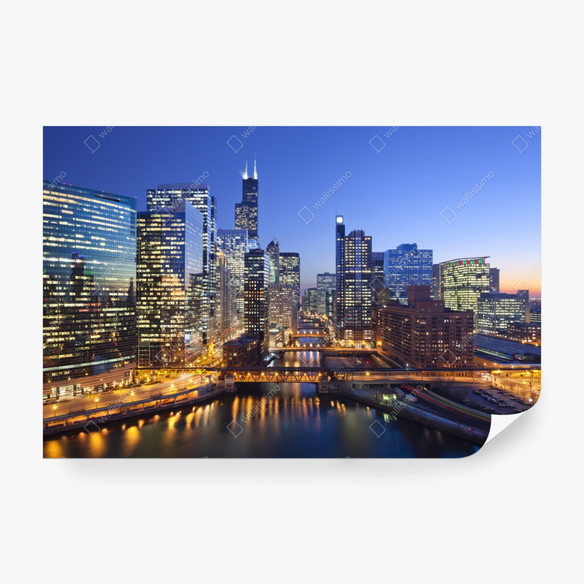 Fototapeta widok na panoramę Chicago o zmierzchu – Wallissimo® Fototapeta widok na panoramę Chicago o zmierzchu – Wallissimo®