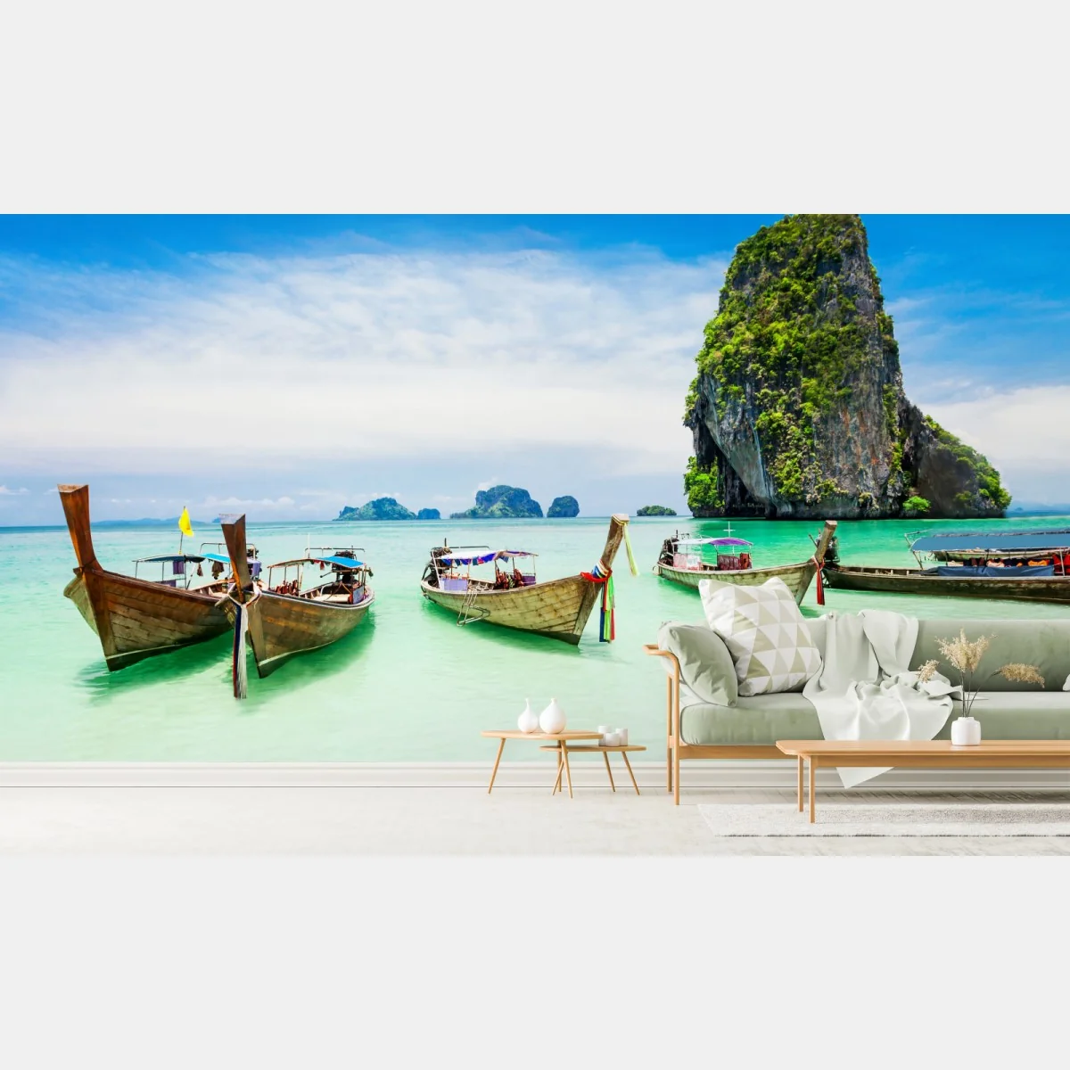 Fototapeta tropikalne łodzie longtail na turkusowej plaży – Wallissimo® Fototapeta tropikalne łodzie longtail na turkusowej plaży – Wallissimo®