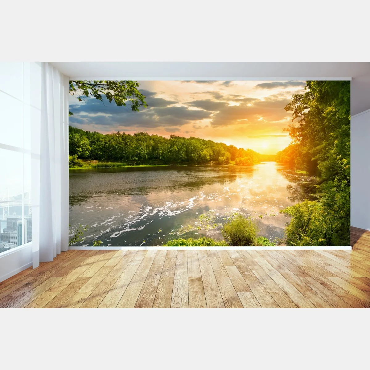 Fototapeta spokojny zachód słońca nad rzeką i zielonym lasem – Wallissimo®