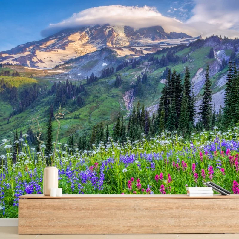 Fototapeta alpejska łąka pełna kwiatów u stóp ośnieżonych szczytów – Wallissimo® Fototapeta alpejska łąka pełna kwiatów u stóp ośnieżonych szczytów – Wallissimo®
