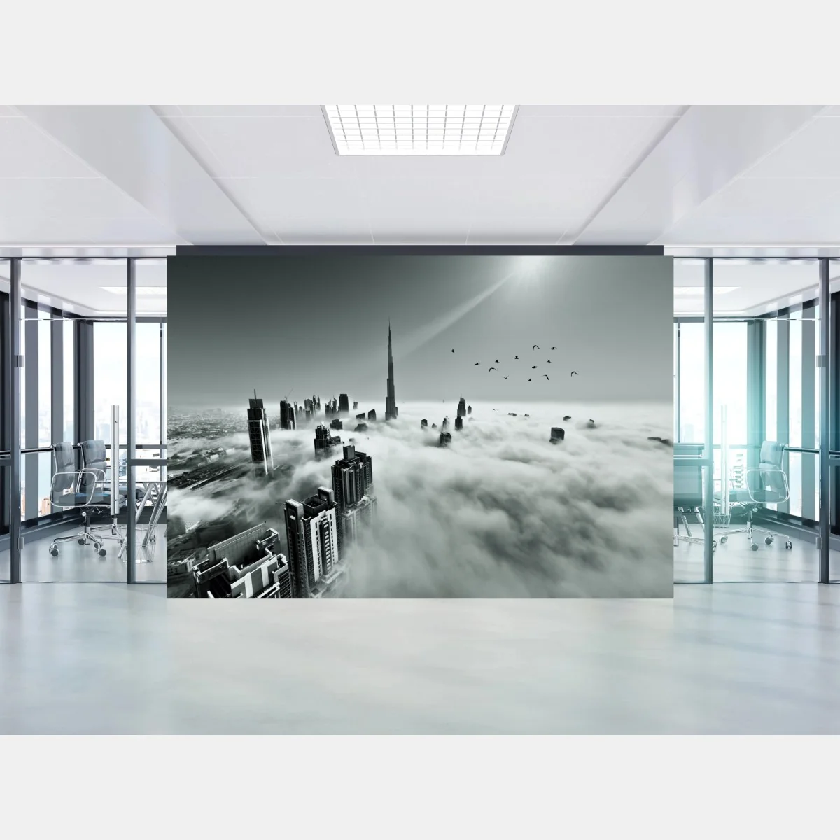 Fototapeta mglista panorama Dubaju ponad chmurami – Wallissimo® Fototapeta mglista panorama Dubaju ponad chmurami – Wallissimo®