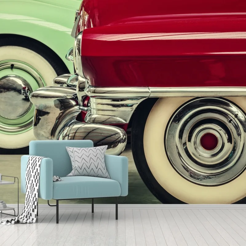 Fototapeta zbliżenie klasycznych samochodów w czerwieni i mięcie – Wallissimo® Fototapeta zbliżenie klasycznych samochodów w czerwieni i mięcie – Wallissimo®