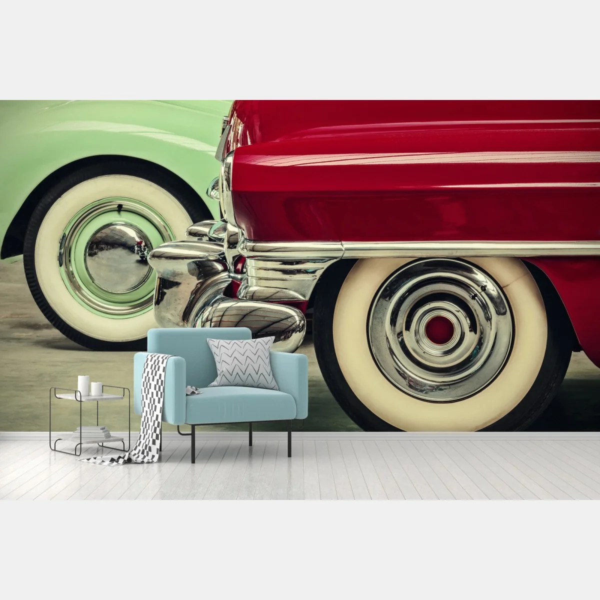 Fototapeta zbliżenie klasycznych samochodów w czerwieni i mięcie – Wallissimo® Fototapeta zbliżenie klasycznych samochodów w czerwieni i mięcie – Wallissimo®