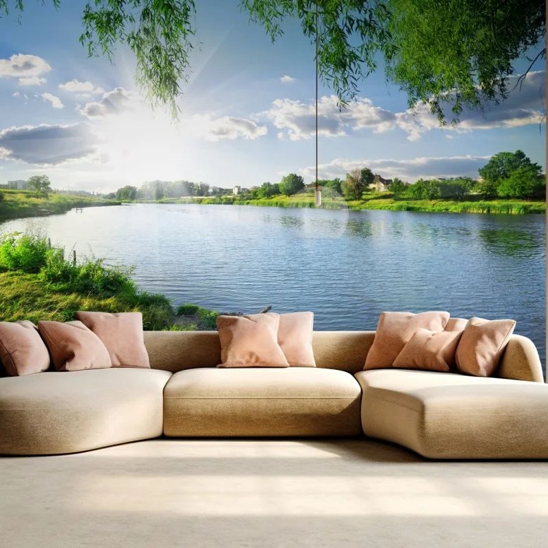 Fototapeta nasłoneczniony brzeg rzeki z bujną zielenią – Wallissimo® Fototapeta nasłoneczniony brzeg rzeki z bujną zielenią – Wallissimo®