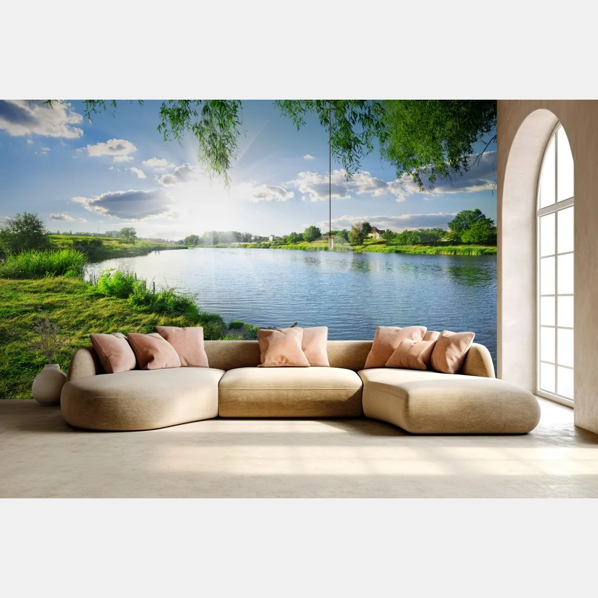 Fototapeta nasłoneczniony brzeg rzeki z bujną zielenią – Wallissimo® Fototapeta nasłoneczniony brzeg rzeki z bujną zielenią – Wallissimo®