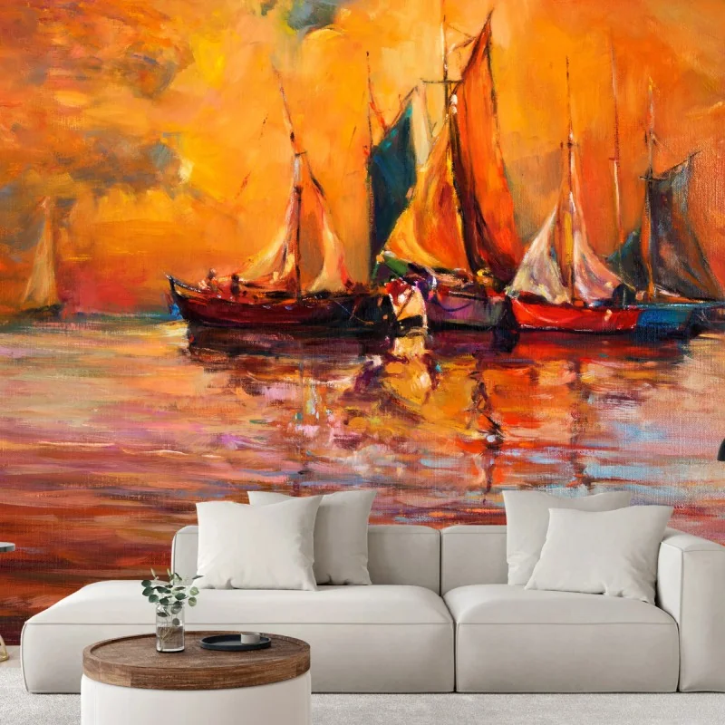 Fototapeta złoty zachód słońca nad żaglówkami – Wallissimo® Fototapeta złoty zachód słońca nad żaglówkami – Wallissimo®