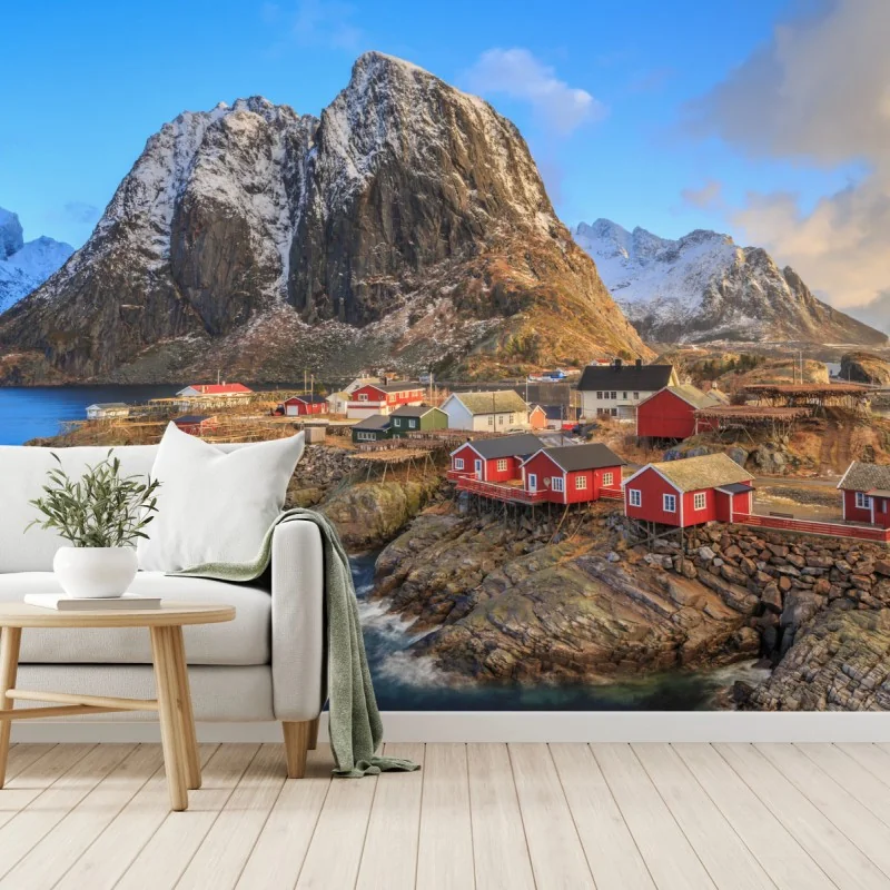 Fototapeta wioska nadbrzeżna w Norwegii z czerwonymi domkami – Wallissimo® Fototapeta wioska nadbrzeżna w Norwegii z czerwonymi domkami – Wallissimo®