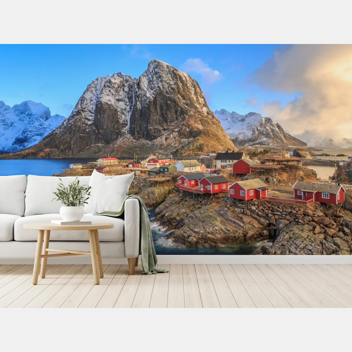 Fototapeta wioska nadbrzeżna w Norwegii z czerwonymi domkami – Wallissimo® Fototapeta wioska nadbrzeżna w Norwegii z czerwonymi domkami – Wallissimo®