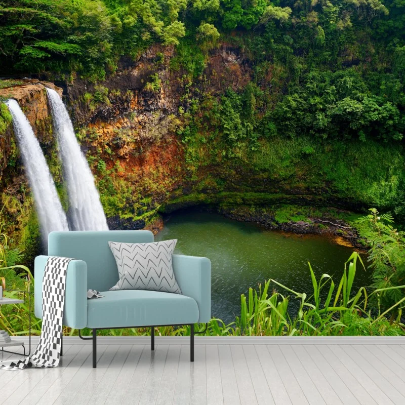 Fototapeta podwójny wodospad w bujnym zielonym lesie – Wallissimo® Fototapeta podwójny wodospad w bujnym zielonym lesie – Wallissimo®