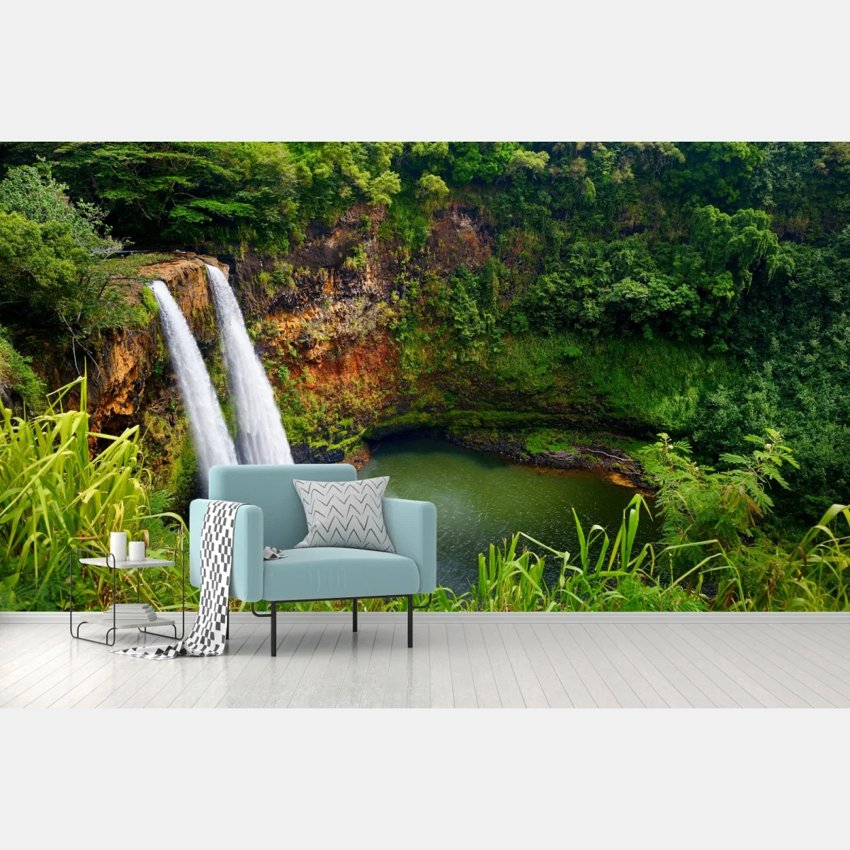 Fototapeta podwójny wodospad w bujnym zielonym lesie – Wallissimo® Fototapeta podwójny wodospad w bujnym zielonym lesie – Wallissimo®