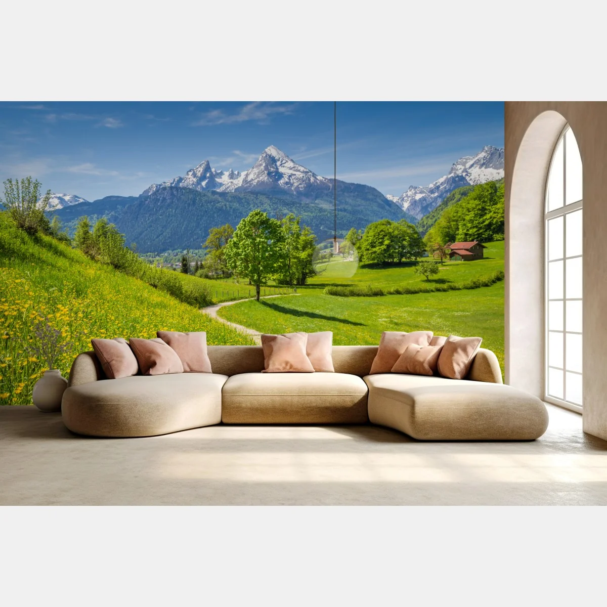 Fototapeta alpejska wiosenna łąka z ośnieżonymi szczytami – Wallissimo® Fototapeta alpejska wiosenna łąka z ośnieżonymi szczytami – Wallissimo®