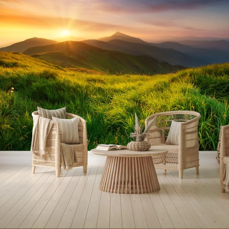 Fototapeta wschód słońca nad zieloną doliną górską – Wallissimo® Fototapeta wschód słońca nad zieloną doliną górską – Wallissimo®