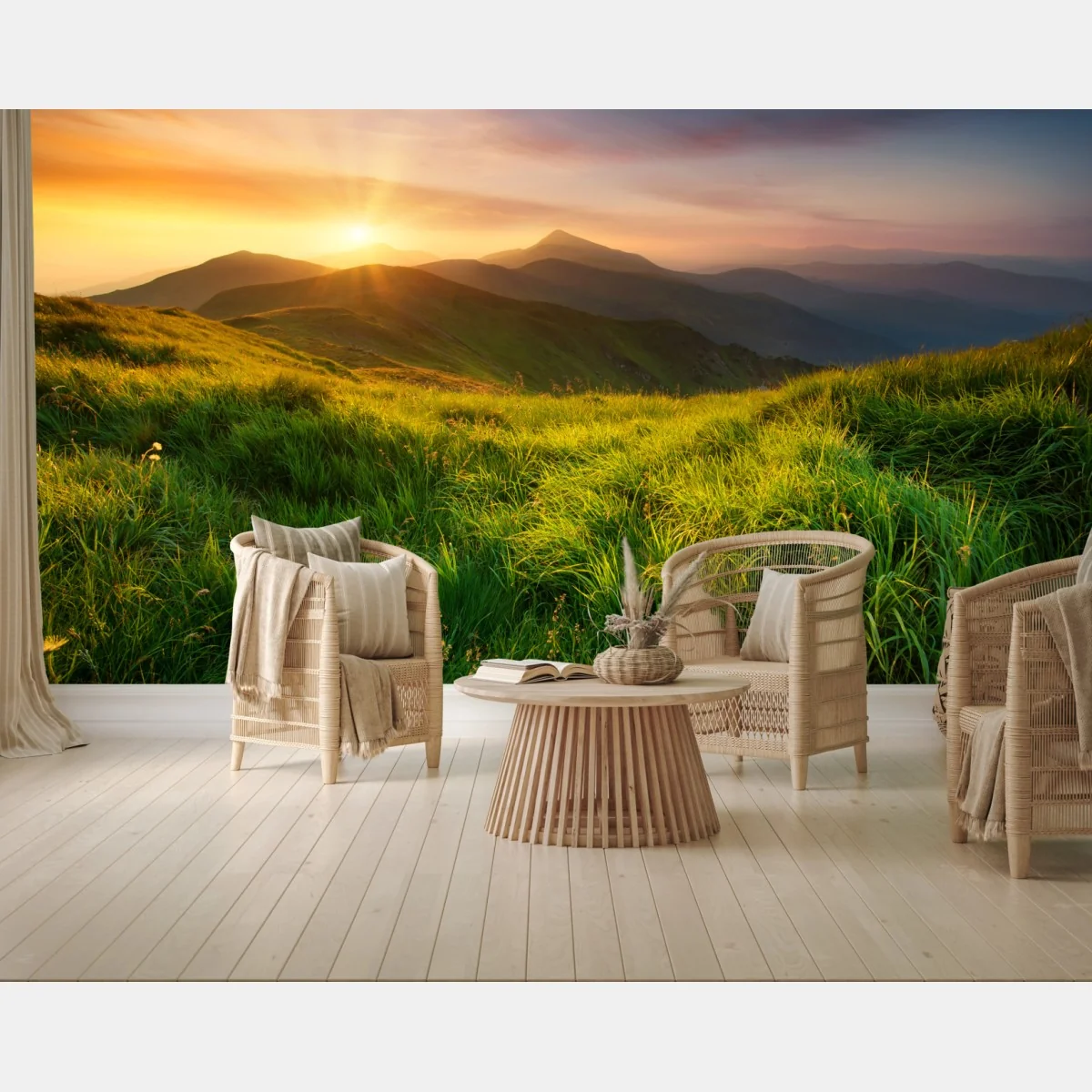 Fototapeta wschód słońca nad zieloną doliną górską – Wallissimo® Fototapeta wschód słońca nad zieloną doliną górską – Wallissimo®